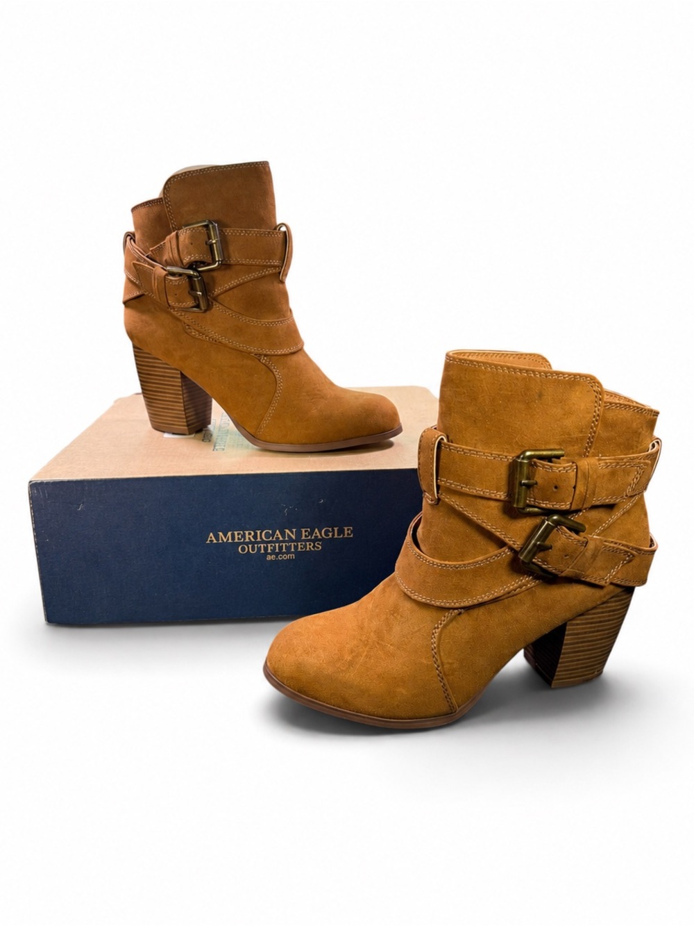 American Eagle Outfitters Cognac Suede Buckle Ankle Booties Sz 8